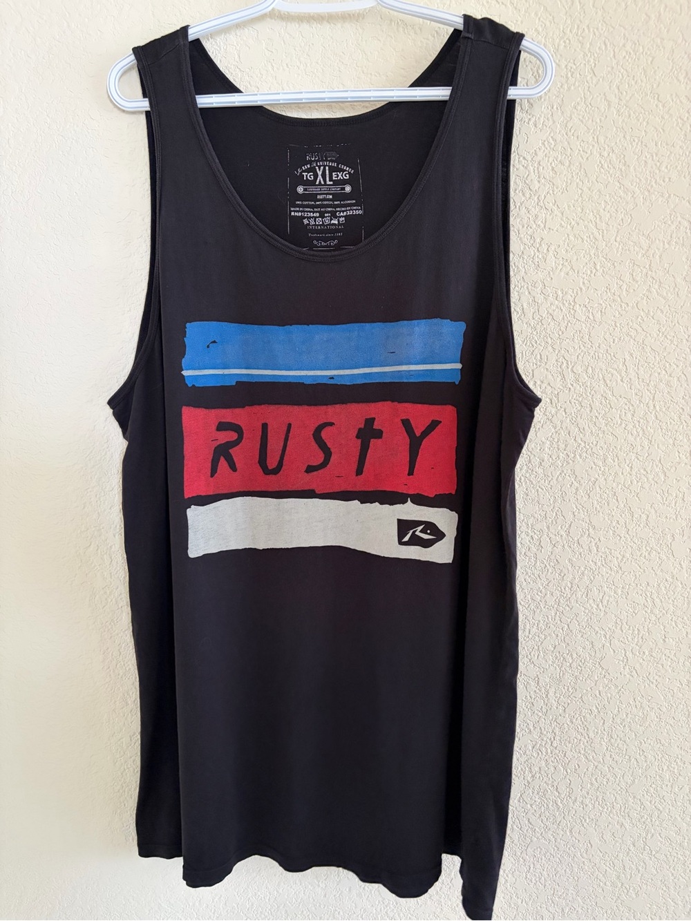 Rusty Men’s Black Graphic Tank Top - Blue/Red/White Stripe